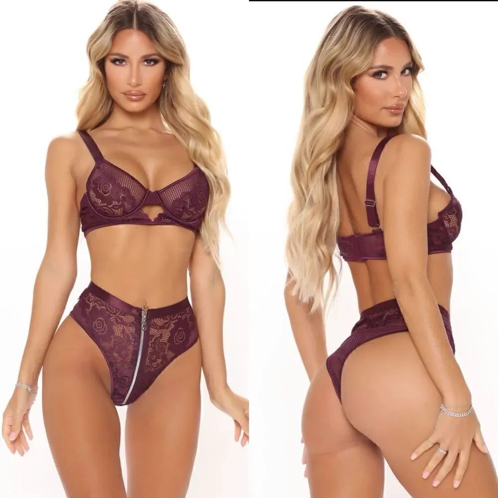 NWT Fashion Nova See You In The Bedroom Lace Zipper 2 Piece Set - Eggplant